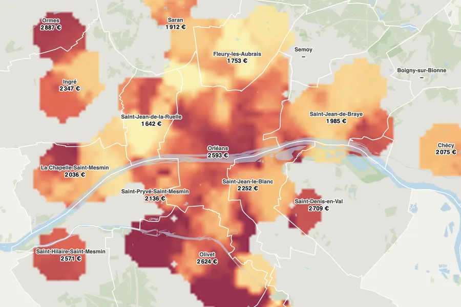 Carte des prix de vente au mètre carré dans l’agglomération d’Orléans
