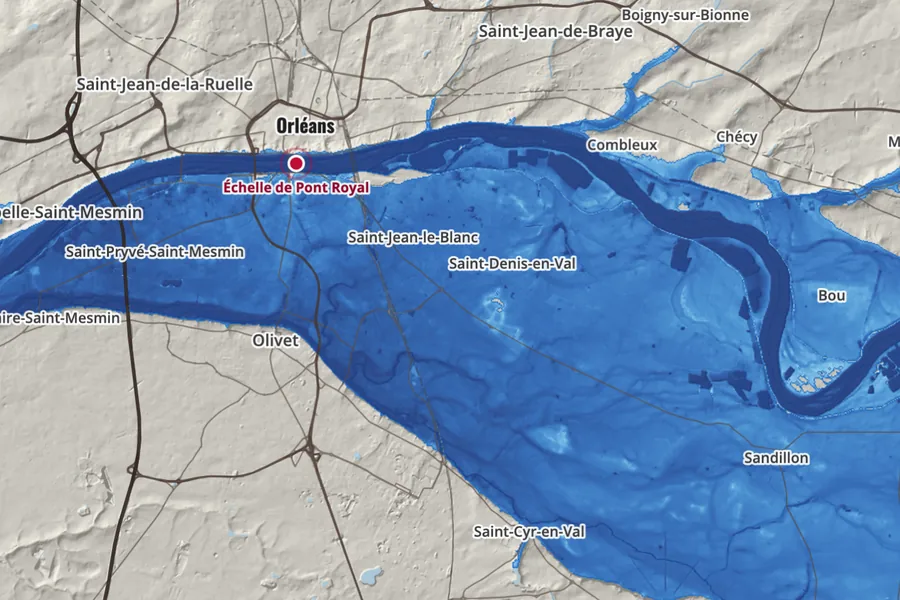 Carte du val d’Orléans : les zones inondées en bleu quand la Loire monte