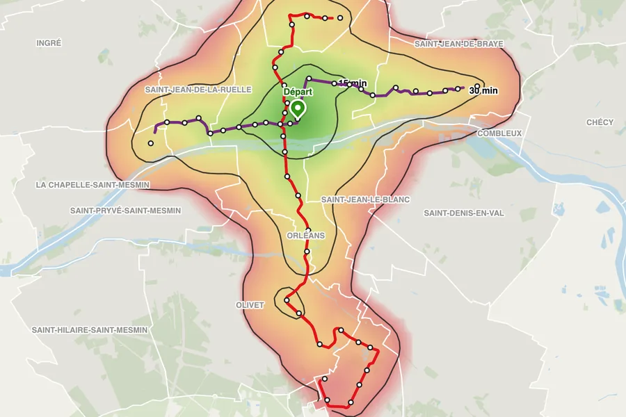 Carte des temps de trajet en tram depuis la place du Martroi à Orléans