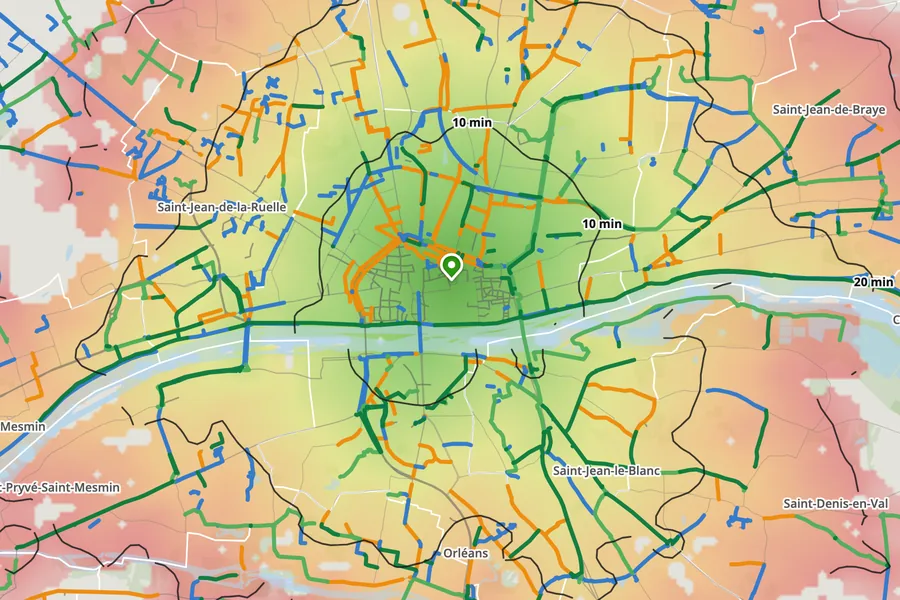 Carte des pistes cyclables et des temps de trajet à vélo depuis la place du Martroi à Orléans