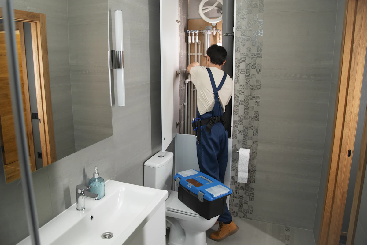 Plombier intervenant sur une canalisation Plombier réparant une canalisation dans une salle de bain